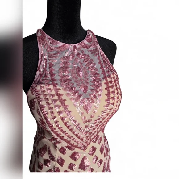 Allie Blu Pink/Cream Sequin Halter Backless Lace-upBodycon Formal Prom Dress